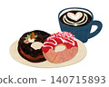 Collage-style handwritten donut and coffee set (chocolate, strawberry) 140715893