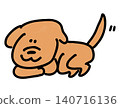 A hand-drawn illustration of a cute dog lying down and wagging its tail. 140716136