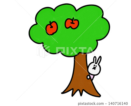 A hand-drawn illustration of a rabbit peeking out from an apple tree. A hand-drawn illustration of a rabbit peeking out from an apple tree. 140716140