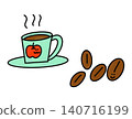 A mug with an apple pattern and a hand-drawn illustration of coffee beans. 140716199