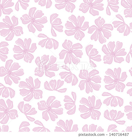 Cute pink flower line art seamless pattern on white background. Modern hand drawn floral vector illustration for textile, fabric, wallpaper, wrapping paper, home decor and fashion design. 140716487