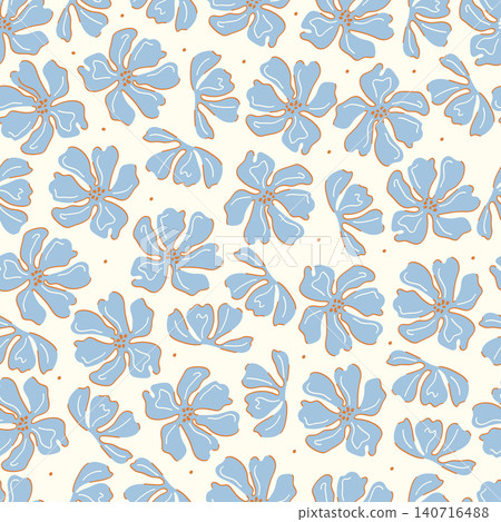 Cute blue flower line art seamless pattern on cream background. Modern hand drawn floral vector illustration for textile, fabric, wallpaper, wrapping paper, home decor and fashion design. Cute blue flower line art seamless pattern on cream background. Modern hand drawn floral vector illustration for textile, fabric, wallpaper, wrapping paper, home decor and fashion design. 140716488
