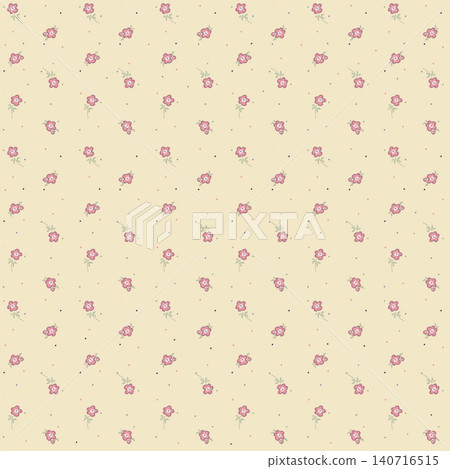 Seamless vintage floral pattern vector with tiny pink flowers on beige background. Cottagecore aesthetic botanical wallpaper illustration for fabric, textile, wrapping paper, ditsy print. Seamless vintage floral pattern vector with tiny pink flowers on beige background. Cottagecore aesthetic botanical wallpaper illustration for fabric, textile, wrapping paper, ditsy print. 140716515