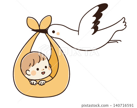 An illustration of a stork carrying a baby. An illustration of a stork carrying a baby. 140716591