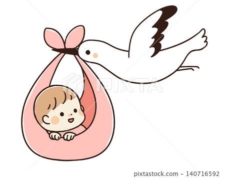 An illustration of a stork carrying a baby. An illustration of a stork carrying a baby. 140716592
