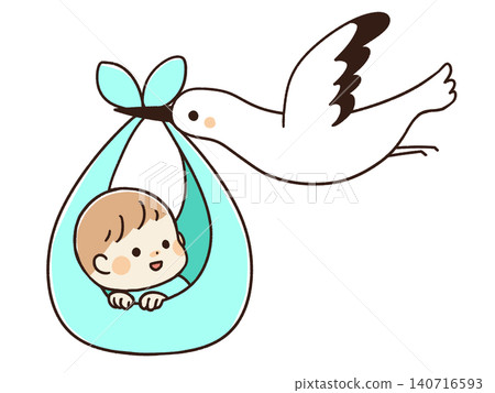 An illustration of a stork carrying a baby. An illustration of a stork carrying a baby. 140716593