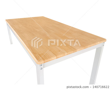 An image of a wooden table with white iron legs on a white background. 140716622