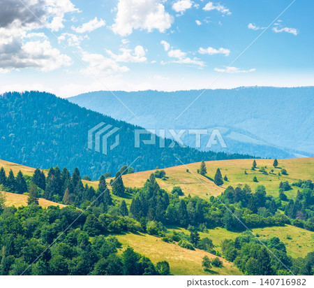 agricultural field on hillside in mountains near village. high noon summer day. green carpathian mountain landscape. narrow view. organic farmland beauty. remote alpine highland agricultural field on hillside in mountains near village. high noon summer day. green carpathian mountain landscape. narrow view. organic farmland beauty. remote alpine highland 140716982