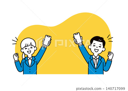 Vector illustration of a job-hunting man and woman raising their smartphones and making triumphant gestures. Vector illustration of a job-hunting man and woman raising their smartphones and making triumphant gestures. 140717099