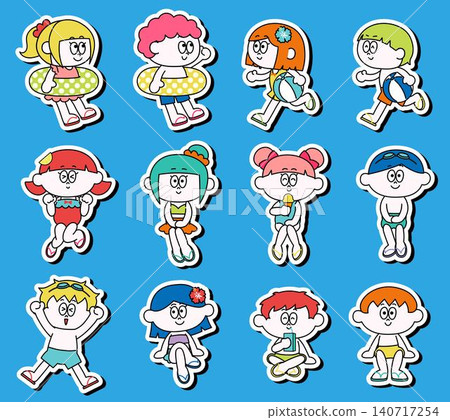 A set of illustrations of children in swimsuits (with borders) 140717254