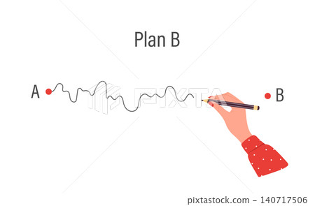 Plan B concept. Female hand holding red pencil and leads a drawing line from point A to point B. Concept of problems and solutions. Vector illustration Plan B concept. Female hand holding red pencil and leads a drawing line from point A to point B. Concept of problems and solutions. Vector illustration 140717506