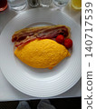 Hotel breakfast omelet plate with bacon 140717539