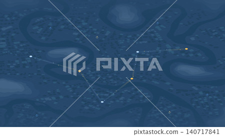 GPS tracking route with yellow checkpoints. Dark isometric city map with navigation path and waypoints. Vector illustration. GPS tracking route with yellow checkpoints. Dark isometric city map with navigation path and waypoints. Vector illustration. 140717841