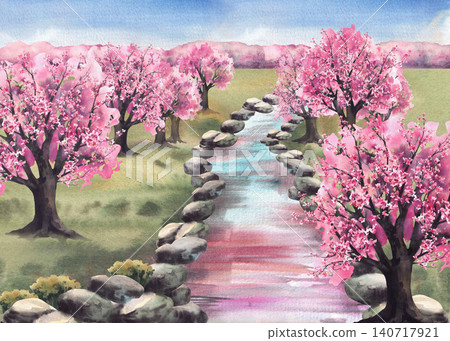 Blooming sakura trees, stone stream and spring garden landscape. Hand painted watercolor illustration Hanami or cherry blossom Japan festival. Asian Japanese springtime for prints, card, banner design Blooming sakura trees, stone stream and spring garden landscape. Hand painted watercolor illustration Hanami or cherry blossom Japan festival. Asian Japanese springtime for prints, card, banner design 140717921