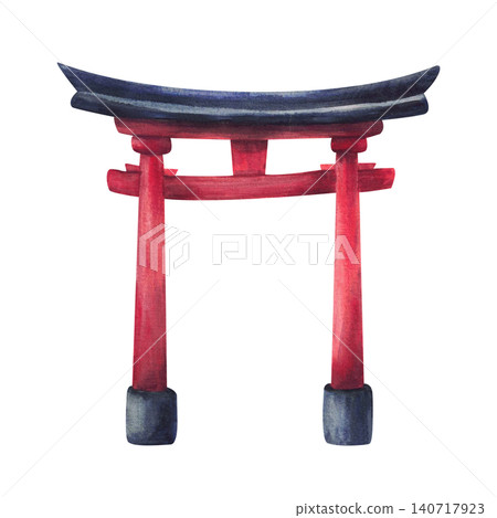 Traditional Japanese Torii gate, symbolizing the entrance to a sacred space in shinto shrines. Red pillars and black curved roof. Hand painted watercolor illustration isolated on white background. Traditional Japanese Torii gate, symbolizing the entrance to a sacred space in shinto shrines. Red pillars and black curved roof. Hand painted watercolor illustration isolated on white background. 140717923