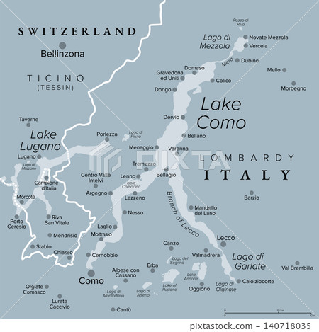 Lake Como, a lake in Lombardy, Italy, gray political map. Lago di Como, also known as Lario, third-largest lake in Italy, located at the foot of the Alps, and over 400 metres (1,300 ft) deep. Vector Lake Como, a lake in Lombardy, Italy, gray political map. Lago di Como, also known as Lario, third-largest lake in Italy, located at the foot of the Alps, and over 400 metres (1,300 ft) deep. Vector 140718035