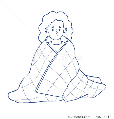 Sensory Weighted Blanket Therapy Autism Girl. ASD Anxiety Relief Calming Deep Pressure. Children Special Education Wrapped Child. Vector Illustration. Isolated Blue Line Art Hand Drawn on White 140718412