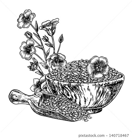 Flaxseed in a wooden bowl and scoop, flax flower. Black and white, graphic, vector, hand-drawn illustration. Element of label and packaging design, as well as banners, posters, and more Flaxseed in a wooden bowl and scoop, flax flower. Black and white, graphic, vector, hand-drawn illustration. Element of label and packaging design, as well as banners, posters, and more 140718467