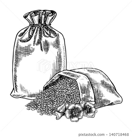 Flax seeds in burlap bags and flax flowers. Black and white, graphic, vector, and hand-drawn illustrations. Design elements for labels and packaging, as well as banners, posters, and more Flax seeds in burlap bags and flax flowers. Black and white, graphic, vector, and hand-drawn illustrations. Design elements for labels and packaging, as well as banners, posters, and more 140718468