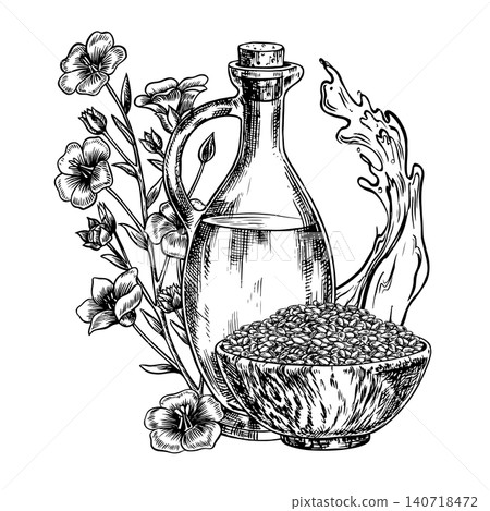 Flaxseed oil. Hand-drawn black and white vector illustration. Beautifully glass bottle with flaxseed oil. Flowers, flax seeds, and a splash of oil. Label, packaging design elements, posters, and more Flaxseed oil. Hand-drawn black and white vector illustration. Beautifully glass bottle with flaxseed oil. Flowers, flax seeds, and a splash of oil. Label, packaging design elements, posters, and more 140718472