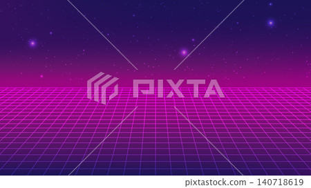 Futuristic 1980s synth wave style background featuring pink neon wireframe grid landscape and sky Futuristic 1980s synth wave style background featuring pink neon wireframe grid landscape and sky 140718619