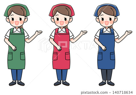 一組插圖，描繪了一位身穿圍裙的女店員正在指示。 140718634