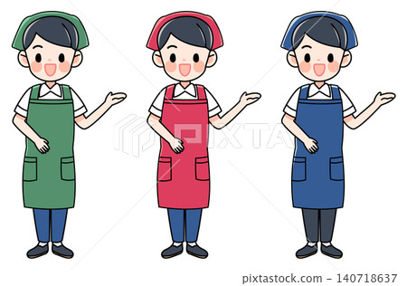 A set of illustrations of a man in an apron giving directions. 140718637