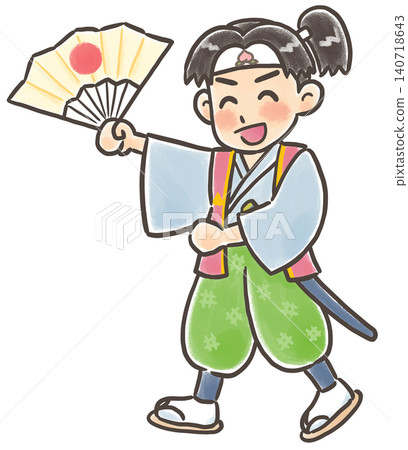 桃太郎面帶微笑，手裡拿著一把扇子。 140718643