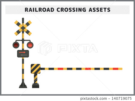 一系列可愛流行風格的鐵路和火車向量插圖,其中包括一套日本鐵路道口的警告信號和障礙物。 一系列可愛流行風格的鐵路和火車向量插圖,其中包括一套日本鐵路道口的警告信號和障礙物。 140719075