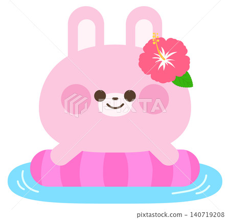 A rabbit floating in water with a lifebuoy. A rabbit floating in water with a lifebuoy. 140719208