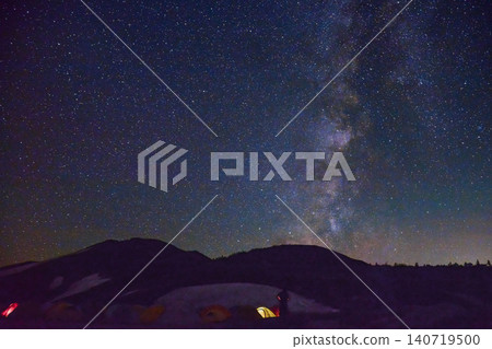 Summer in the Northern Alps: A scene of people gazing up at the stars at the campsite of Hakuba Oike, with a sky full of stars and the Milky Way shining brightly. Summer in the Northern Alps: A scene of people gazing up at the stars at the campsite of Hakuba Oike, with a sky full of stars and the Milky Way shining brightly. 140719500