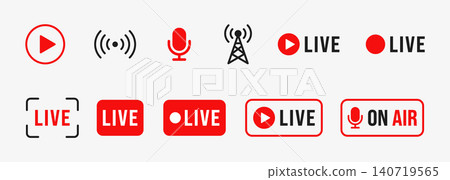 Live Streaming Icons and Badge Set, Red Black Broadcast Symbols with Play Button, Signal, Microphone, Tower and On Air Labels for Video Stream, Social Media and Digital Content Design Live Streaming Icons and Badge Set, Red Black Broadcast Symbols with Play Button, Signal, Microphone, Tower and On Air Labels for Video Stream, Social Media and Digital Content Design 140719565