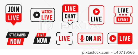 Live Streaming Badge Set with Join Live, Watch Live, Chat, Event and On Air Labels, Red Black Flat Vector Buttons for Broadcast, Video Stream, Social Media and Online Content Design 140719566