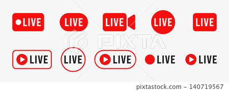 Live Streaming Badge Set, Red Broadcast Labels and Video Buttons, Minimal Flat Vector Icons for Online Stream, Social Media, Webinar, News, App and Digital Content Design Live Streaming Badge Set, Red Broadcast Labels and Video Buttons, Minimal Flat Vector Icons for Online Stream, Social Media, Webinar, News, App and Digital Content Design 140719567