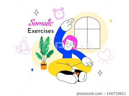 Somatic Exercises Illustration Featuring Mind Body Awareness, Gentle Movement Therapy, Stress Relief, Wellness Practice, and Relaxation Routine 140719621