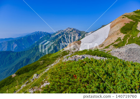 A clear summer day: A view of the peaks of Mt. Tsurugi and the slopes of Mt. Shakushi and Mt. Yarigatake, seen over the ridge of the Hakuba mountain range in the Northern Alps. A clear summer day: A view of the peaks of Mt. Tsurugi and the slopes of Mt. Shakushi and Mt. Yarigatake, seen over the ridge of the Hakuba mountain range in the Northern Alps. 140719760