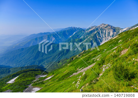 A clear summer day, a panoramic view of the mountain range of Mt. Karamatsu, Mt. Goryu, and Mt. Kashimayari from the ridge of the Northern Alps and Hakuba mountain range. A clear summer day, a panoramic view of the mountain range of Mt. Karamatsu, Mt. Goryu, and Mt. Kashimayari from the ridge of the Northern Alps and Hakuba mountain range. 140719808