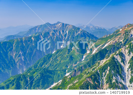晴朗的夏日:北阿爾卑斯山脈和白馬山脈中焦鏡頭拍攝的鹿島岳、五龍岳和唐松岳的山坡景色。 晴朗的夏日:北阿爾卑斯山脈和白馬山脈中焦鏡頭拍攝的鹿島岳、五龍岳和唐松岳的山坡景色。 140719919