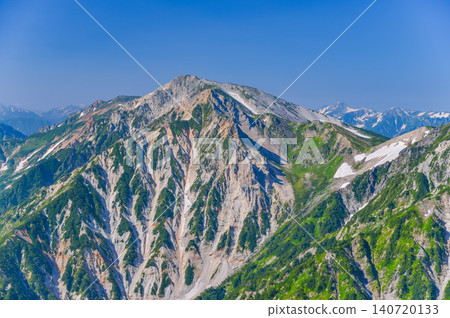 在一個晴朗的夏日，透過中焦鏡頭，拍攝到了石叉山和白馬槍岳崎嶇的山地景觀，以及它們棕灰色的岩壁。 140720133