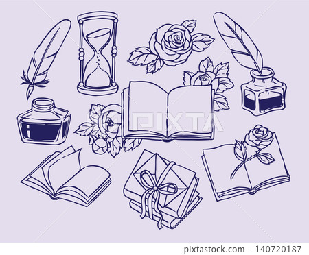 Romantic set with books, letters, feathers, and ink. Sketch illustration in vintage style. Romantic set with books, letters, feathers, and ink. Sketch illustration in vintage style. 140720187