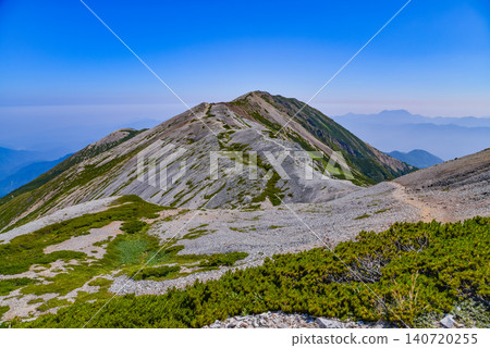 美麗的夏日，晴空萬裡，沿著山脊的遠足小徑通往北阿爾卑斯山脈和白馬山脈的三重邊界，展現出夏日山景。 140720255