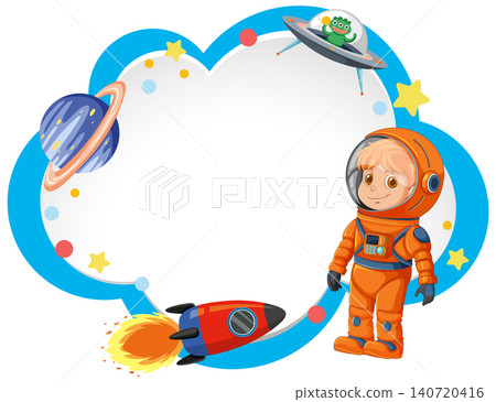 Cartoon Astronaut and Outer Space Elements Around Blank Cloud Frame 140720416