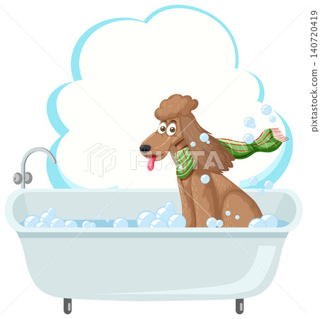 Cartoon Poodle Dog Taking a Bubble Bath in a White Tub 140720419