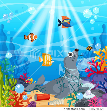Cartoon Sea Lion Trapped in Fishing Net with Ocean Plastic Pollution 140720426