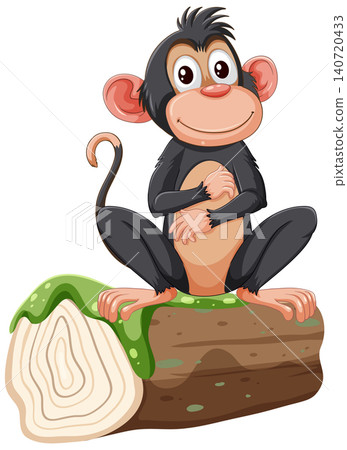 Cute Chimpanzee Character Sitting on a Wooden Log Isolated on White Cute Chimpanzee Character Sitting on a Wooden Log Isolated on White 140720433