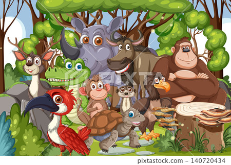 Group of Cartoon Jungle Animals in Forest Setting 140720434