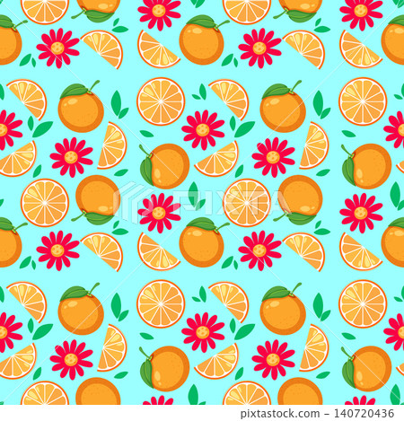 Seamless Vector Pattern with Oranges and Pink Flowers on Blue Background Seamless Vector Pattern with Oranges and Pink Flowers on Blue Background 140720436