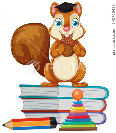 Cartoon Squirrel Wearing Graduation Cap Standing on Stack of Books Cartoon Squirrel Wearing Graduation Cap Standing on Stack of Books 140720438