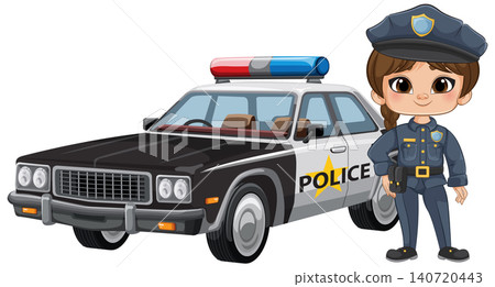 Cartoon Police Officer Standing Beside Patrol Car Cartoon Police Officer Standing Beside Patrol Car 140720443