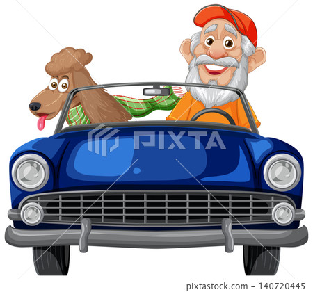 Elderly Man and Poodle Driving Classic Blue Convertible Elderly Man and Poodle Driving Classic Blue Convertible 140720445
